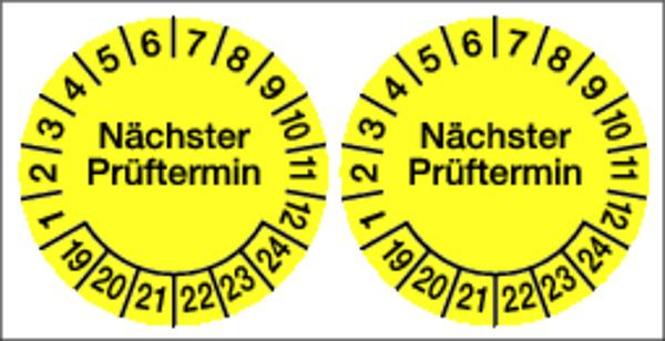 Schilder Klar Prüfplakette Nächster Prüftermin ab 23 gelb/schwarz, Bogen mit 2 Stück, 100 mm Folie selbstklebend, 46/64.23
