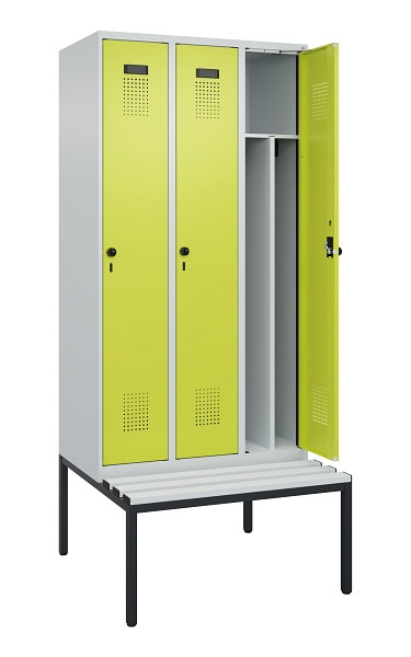 C+P Spind Evolo PLUS, 3 Abteile, 2120x900x815mm, 7035/0024, Haken 4, Drehriegel, Sitzfläche Kunststoff, Sitzbank, 0490507-30F S10069