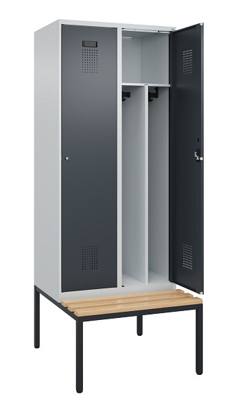 C+P Spind Evolo PLUS, 2 Abteile, 2120x800x815mm, 7035/7016, Haken 4, Zylinderschloss, Sitzfläche Buche-Hartholz, Sitzbank, Trennwand, 0490507-22F S10039