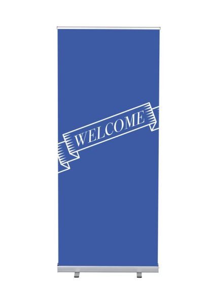 Showdown Displays Roll-Banner Budget 85 Komplettset Willkommen Blau Englisch, RBB085LSFI394