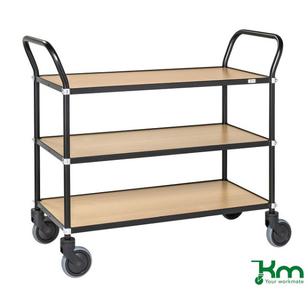 Kongamek Design Servierwagen, 4 Lenkrollen, 2 davon mit Bremsen, Schwarz / Buchenholz, 3 Böden, KM8113-BOB