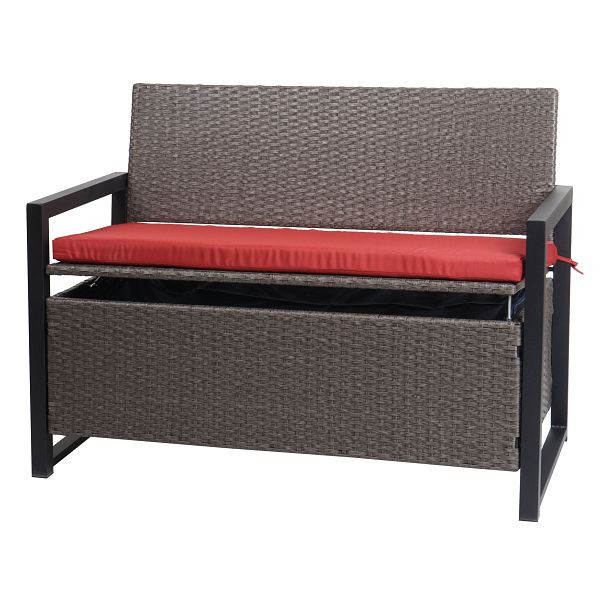 Mendler Poly-Rattan 2er Sitzbank HWC-F39, Gartenbank Truhenbank, Staufach Aufbewahrung Sitzkissen, grau-meliert, Kissen rot, 98454