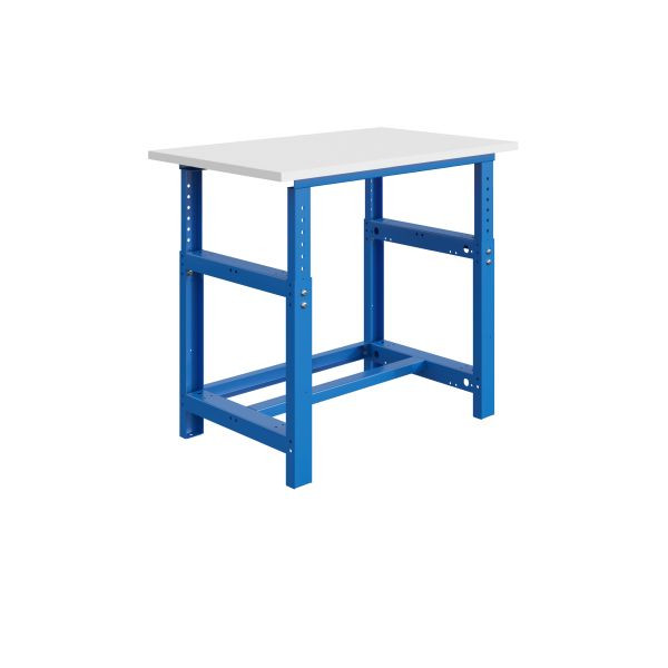 SOFAME SI Werkbank, mechanisch höhenverstellbar, B 1500 x T 750 x H 768 bis 1048 mm, Melamin-Arbeitsplatte 28 mm, Himmelblau RAL 5015, W010010624BI