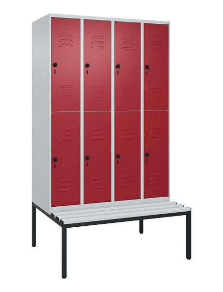 C+P Doppelstöckiger Spind Classic PLUS, 4 Abteile, 2120x1200x815mm, 7035/3003, Drehriegel, mit untergebauter Sitzbank, 0803507-40 S10106