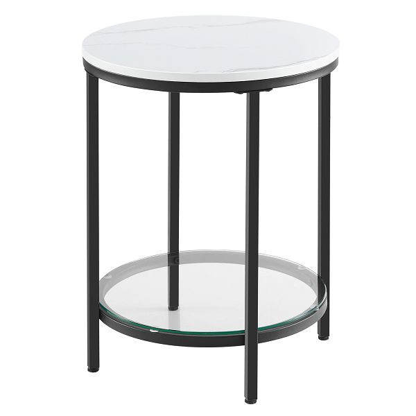 VASAGLE Beistelltisch, Nachttisch, 2-stufige Holzspanplatten, gehärtetes Glas, moderner weißer Marmor-Effekt, schwarzer Rahmen, LET285B13