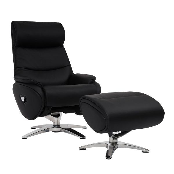 Mendler Relaxsessel mit Hocker HWC-K98, Fernsehsessel Sessel, Liegefunktion drehbar, Metall Echtleder/Kunstleder, schwarz, 98334