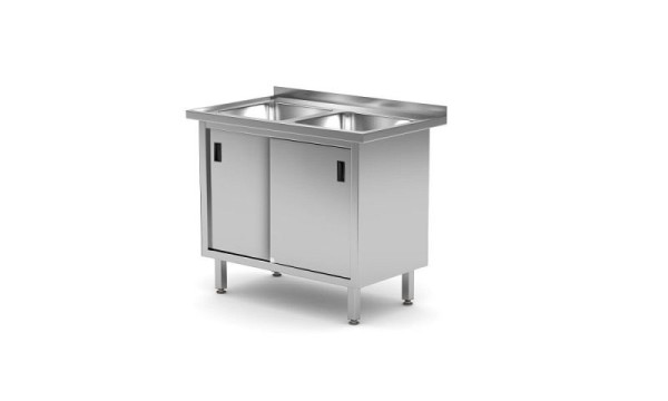 Hendi Spültisch mit zwei Waschbecken und Schiebetürschrank, geschweißt, 813690