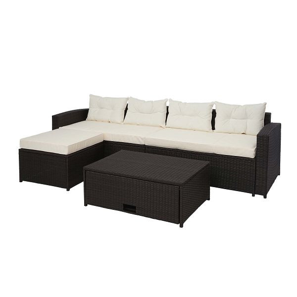 Mendler Poly-Rattan Garnitur HWC-J34, Balkon-/Garten-/Lounge-Set Sitzgruppe Sofa, Staufach, braun, Kissen creme-beige, 77081+77082+77083