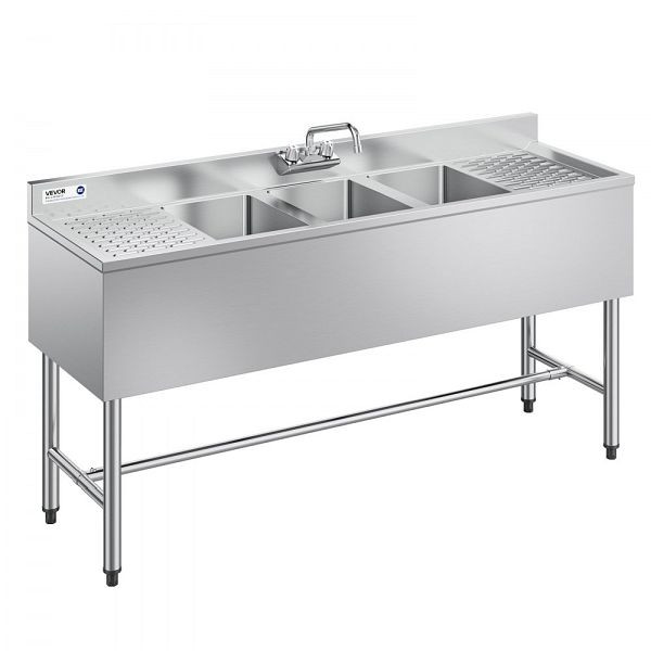 VEVOR Edelstahlspüle mit 3 Becken & 2 Abtropfflächen, 1524x470x838 mm, inkl. Wasserhahn, für Küche/Restaurant/Imbisswagen, BXGDLSSCMSSCQUJRL001V0