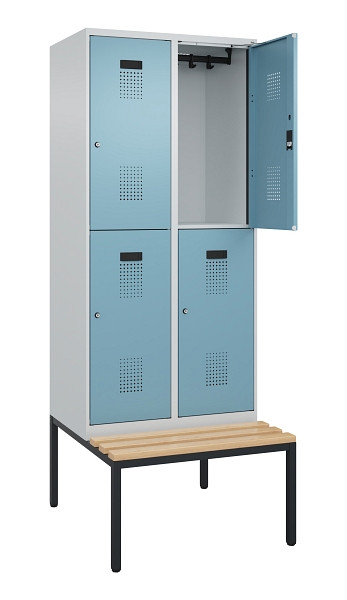 C+P Doppelstock-Spind Evolo PLUS, Bank, 4 Fächer, 2120x800x815mm, 7035/0010, Zylinderschloss, Sitzfläche Buche-Hartholz, Sitzbank, 0493507-22 S10036