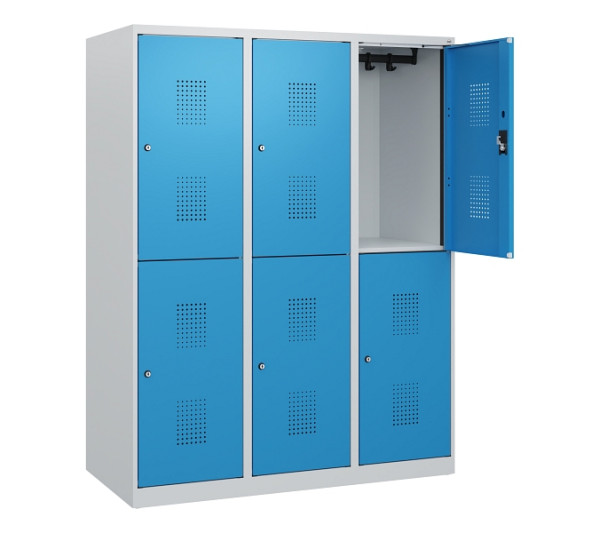 C+P Doppelstöckiger Spind Evolo PLUS, 6 Fächer, 1530x1200x500mm, 7035/5012, Zylinderschloss, 0493005-32 S10031