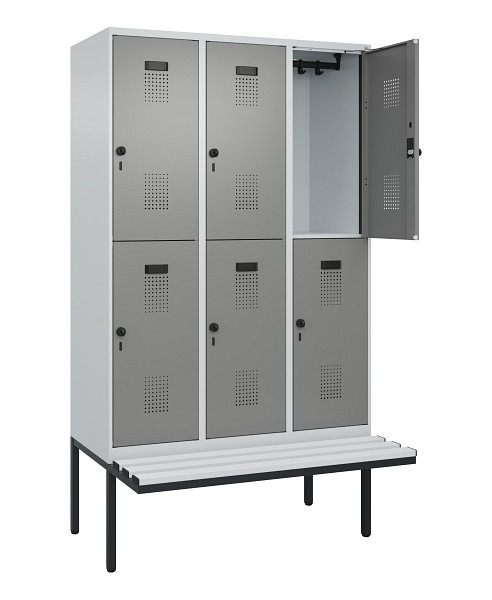 C+P Doppelstock-Spind Evolo PLUS, Bank, 6 Fächer, 2120x1200x815mm, 7035/0004, Drehriegel, Sitzfläche Kunststoff, 0493407-32 S10095