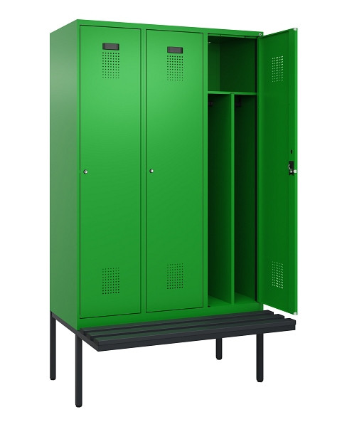 C+P Spind Evolo PLUS, 3 Abteile, 2120x1200x815mm, 6037/6037, Haken 4, Zylinderschloss, Sitzfläche Kunststoff, Trennwand, 0490407-32F S10106