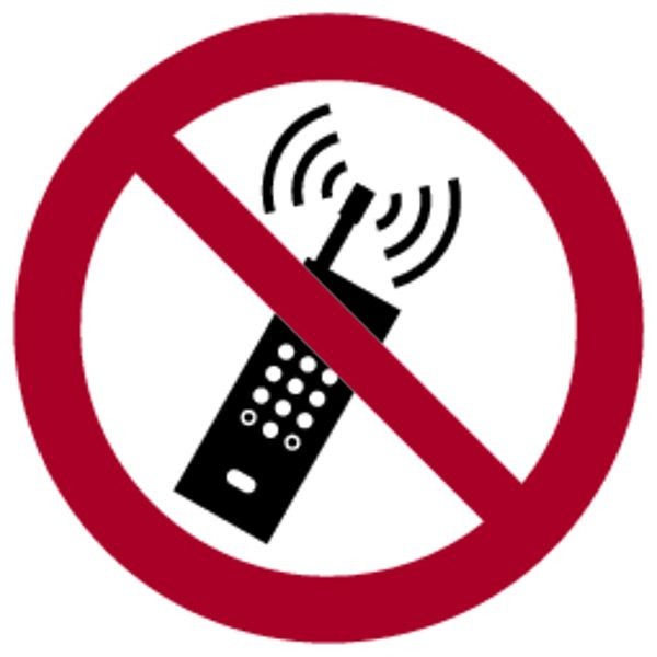 Schilder Klar Verbotszeichen Mobilfunk verboten DIN EN ISO 7010-P013, 200x0.45 mm Aluminium geprägt, 3049/52