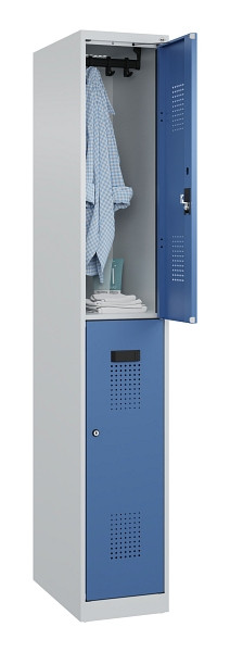 C+P Doppelstöckiger Spind Evolo PLUS, 2 Fächer, 1850x300x500mm, 7035/5023, Zylinderschloss, 049300-10 S10035