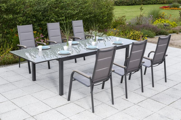 Merxx Triviero Set 7-teilig, 6 Stapelsessel, gepadded, 1 Semi Ausziehtisch, 200 (300) x 110 cm, graue Glasplatte, graphit/diamantbraun, 50301-217