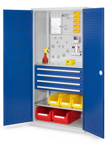 Kappes RasterPlan Schubladenschrank, Modell 13, RAL 7035/5010, Türinnenseite: Lochplatten, 1950 x 1000 x 600 mm, 4 Schubladen H 100 mm, 1460.03.3016