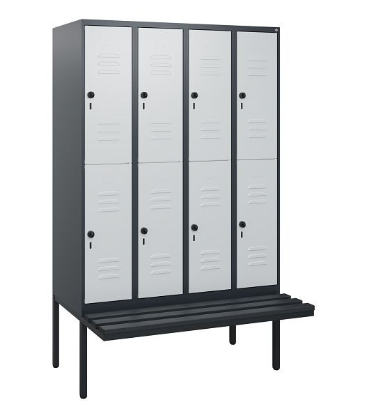 C+P Doppelstöckiger Spind Classic PLUS, 4 Abteile, 1950x1200x815mm, 7016/7035, Drehriegel, mit Untergestell und schwebender Sitzfläche, 0803405-40 S10073