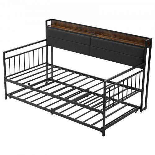 VEVOR Tagesbettrahmen Twin mit Ausziehbett, Ladestation & Metalllatten, für Wohn-/Schlafzimmer, Schwarz, ZWLYZYTWINCCQZ666001V2