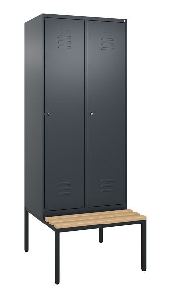 C+P Umkleidespind Classic PLUS mit Mitteltrennwand, Bank, 2 Abteile, 2120x800x815mm, 7016/7016, Zylinderschlösser, Buche-Sitzleisten, 0800507-22F S10056