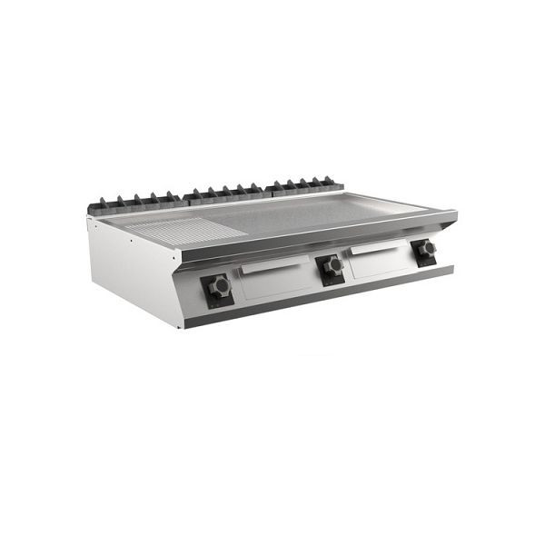 Mareno M1-700 elektrische Grillplatte mit 2/3 glatter und 1/3 gerippter Mattchromplatte, 120cm, 1200(B)x750(T)x250(H)mm, FT712EMCST, 171.261