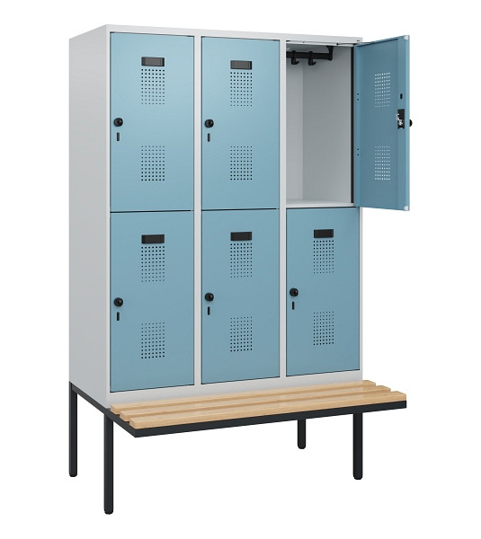 C+P Doppelstock-Spind Evolo PLUS, Bank, 6 Fächer, 1950x1200x815mm, 7035/0010, Drehriegel, Sitzfläche Buche-Hartholz, 0493405-32 S10009