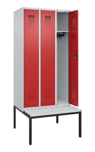 C+P Spind Evolo PLUS, 3 Abteile, 2120x900x815mm, 7035/3000, Haken 3, Zylinderschloss, Sitzfläche Kunststoff, Sitzbank, 0490507-30 S10084