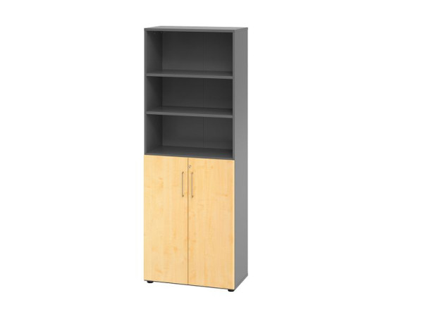 Hammerbacher Kombischrank 6OH mit Türen 3OH 968T3, Korpus: Graphit / Front: Ahorn, 80x41,7x215,6 cm (BxTxH), Hinterlegschloss, Metallgriff, V968T3/G/3/BS