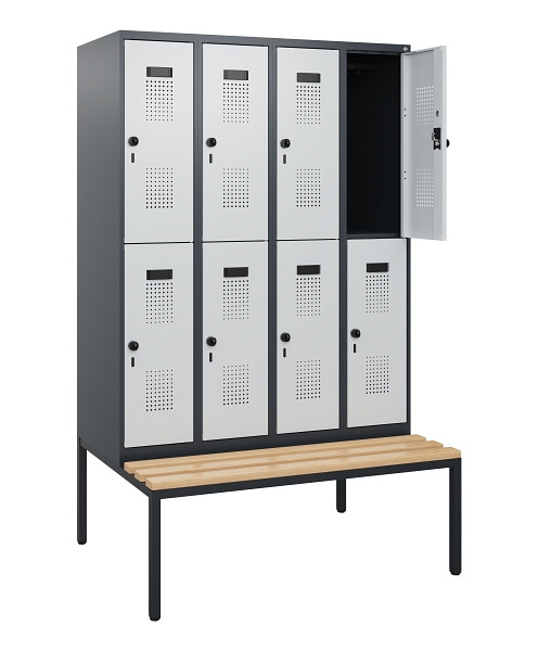 C+P Doppelstöckiger Spind Evolo PLUS, Bank, 8 Fächer, 1950x1200x815mm, 7016/7035, Drehriegel, Sitzfläche Buche-Hartholz, Sitzbank, 0493505-40 S10017