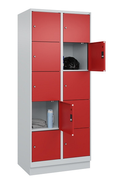C+P Schließfachschrank Evolo PLUS, mit Sockel, 10 Fächer, 1950x800x500mm, 7035/3, Frontfarbe RAL 3000 feuerrot, 049020-225 S10003
