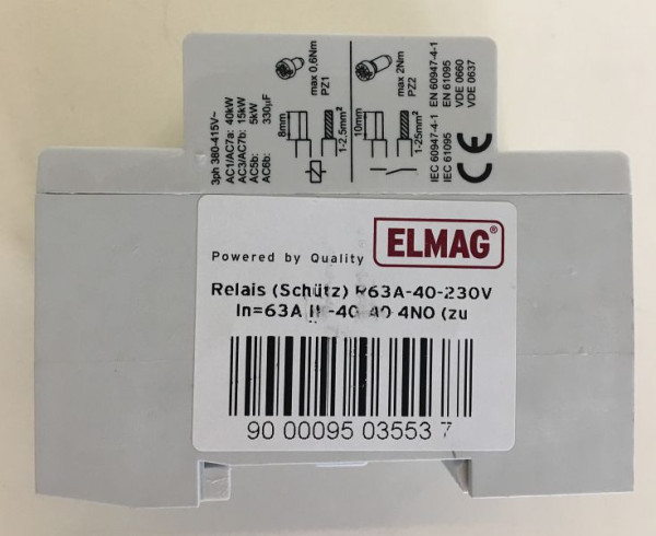 ELMAG Relais (Schütz) R40A-40-230V 4P, In=40A IK-40-40 4NO (zu Iso-Überwachung), 9503377