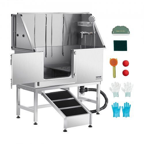 VEVOR Hundewaschstation 1270x580x1495mm, Edelstahl Tierpflegewanne mit Rampe, Wasserfilter, Duschkopf, Seifenhalter (linke Tür), BXGCWYG50CSL49AC3V0