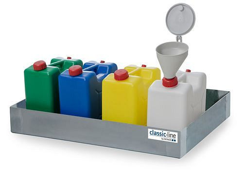 DENIOS Sammelstation, mit Auffangwanne aus Edelstahl, 4 Kanistern, Einfülltrichter, 281978
