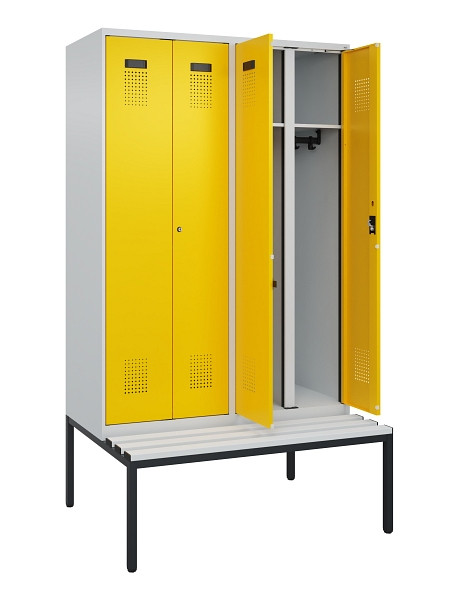 C+P Schwarz-Weiß-Spind Evolo PLUS, Bank, 4 Abteile, 2120x1200x815mm, 7035/1023, Zylinderschloss, Sitzfläche Kunststoff, Sitzbank, 0490527-40 S10082