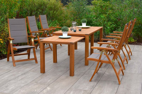 Merxx Acapulco Set 7-teilig, 6 Acapulco Klappsessel, gepaddet, Rückenlehne 5-fach vestellbar, 1 Flex Ausziehtisch, 185/370 x 90/73 cm, 50552-309