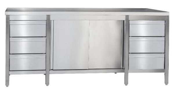 A&S Gastro Arbeitsschrank mit Schubladenblock links & rechts, ohne Aufkantung, Abmessungen: 1800x600x850 mm, ARSSLR186