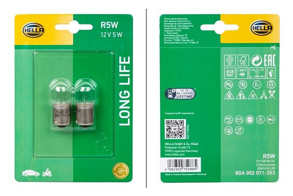 HELLA Halogen-Glühlampe, R5W, Long Life up to 3x longer lifetime, 12V, 5W, Sockelausführung Glühlampe: BA15s, Blister, VE: 2 Stück, 8GA 002 071-353