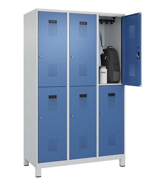 C+P Doppelstöckiger Spind Evolo PLUS, mit Füßen, 6 Fächer, 1950x1200x500mm, 703, Frontfarbe RAL 5023 Fernblau, Zylinderschloss, 049310-32 S10035