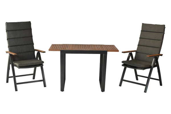 Merxx Tinos Set 5-teilig, 2 Tinos Klappsessel, 2 Kissen, grau, mit Befestigungsbändchen, 1 Ausziehtisch 80 (120) x 70 cm, 50984-800