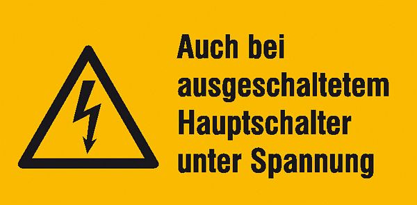 SafetyMarking Warn-Kombischild, Auch bei ausgeschaltetem Hauptschalter unter Spannung, BxH 6,5x3,2 cm, Folie, selbstklebend, VE: 6 Stück/Bogen, 30.1390