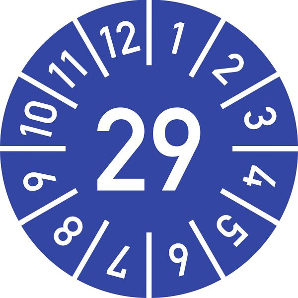 Moedel Prüfplakette Jahr 29 mit Monaten, blau, Folie, Ø 25 mm, VE: 10 Stück/Bogen, 108383