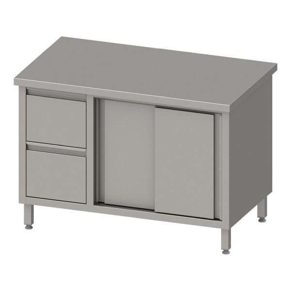 Stalgast Arbeitsschrank mit Schiebetüren 2000x600x850mm, mit 2er Schubladenblock links, ohne Aufkantung, verschweißt, VAS20604L