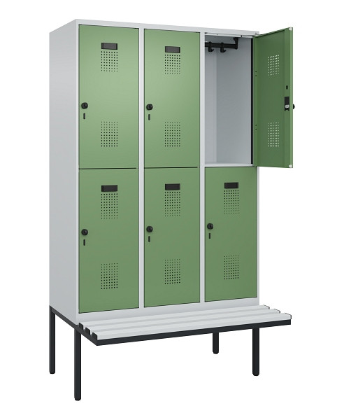 C+P Doppelstock-Spind Evolo PLUS, Bank, 6 Fächer, 2120x1200x815mm, 7035/6011, Drehriegel, Sitzfläche Kunststoff, 0493407-32 S10091