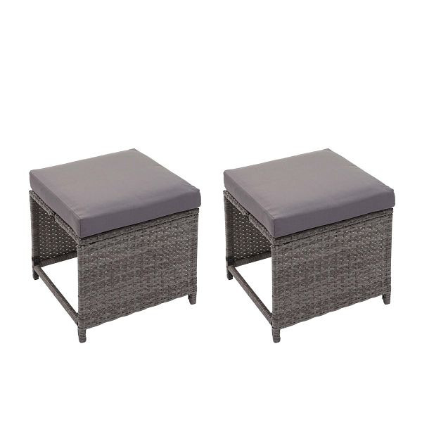 Mendler 2er-Set Poly-Rattan Hocker HWC-G16, Gartenhocker Sitzhocker, Gastronomie, grau, Kissen dunkelgrau, 70875
