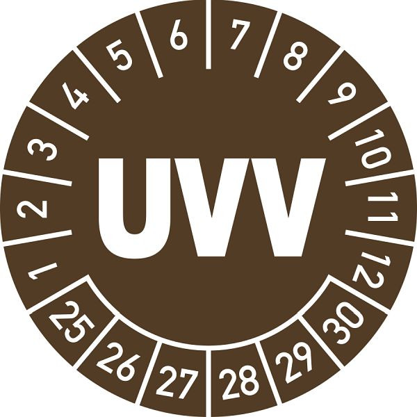 Moedel Prüfplakette UVV 2025 - 2030, Folie, Ø 30 mm, VE: 10 Stück/Bogen, 106311