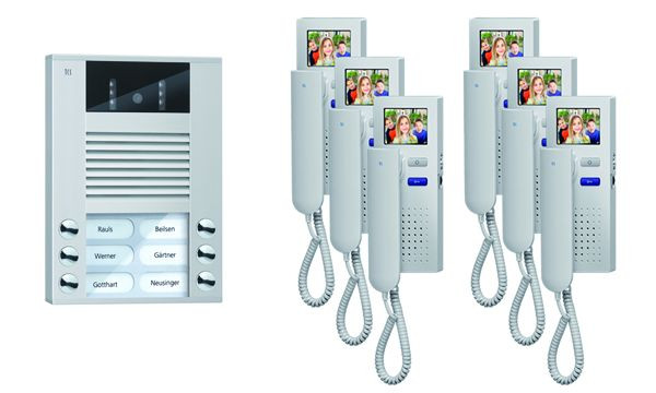TCS Türkontrollsystem video:pack AP für 6 Wohneinheiten, mit Außenstation AVE 6 Klingeltasten, 6x Video Türtelefon IVH3222, Steuerung, PVE1560-0010