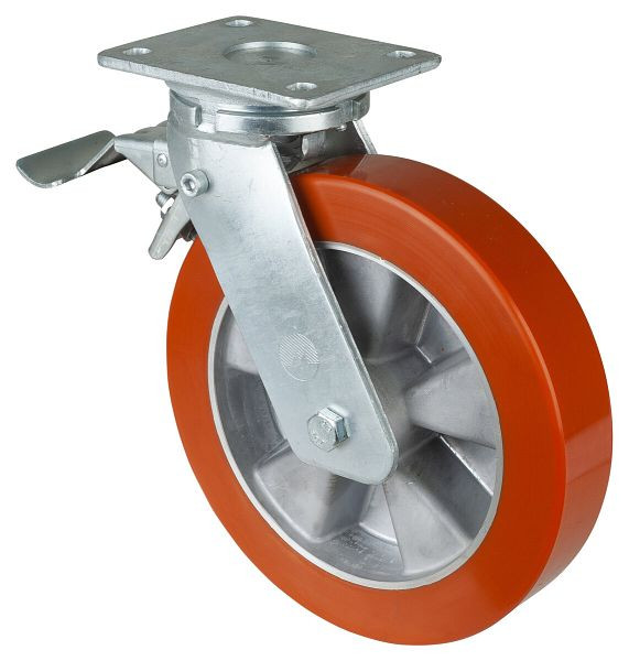 BS Rollen Schwerlastrolle mit Rad-/Feststeller, B50 mm, Ø250 mm, bis 1000 kg, Fläche Guss-Polyurethan 95 Shore A, Aluminium, Kugellager, RR120.B90.250