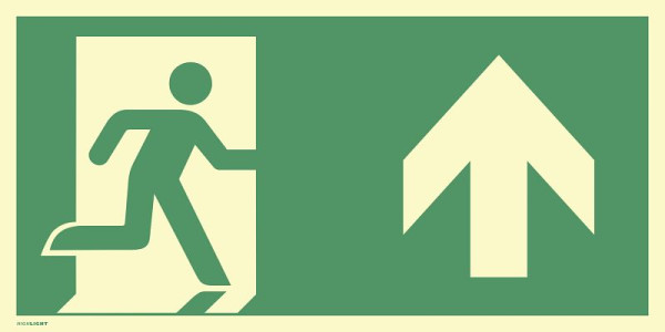 Moedel Notausgang rechts Pfeil oben, ISO 7010, Aluminium, nachleuchtend, 160-mcd, 594x297 mm, 60899