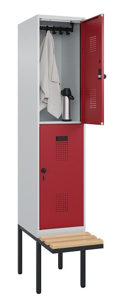 C+P Doppelstock-Spind Evolo PLUS, Bank, 2 Fächer, 2120x400x815mm, 7035/3003, Drehriegel, Sitzfläche Buche-Hartholz, 0493407-12 S10004