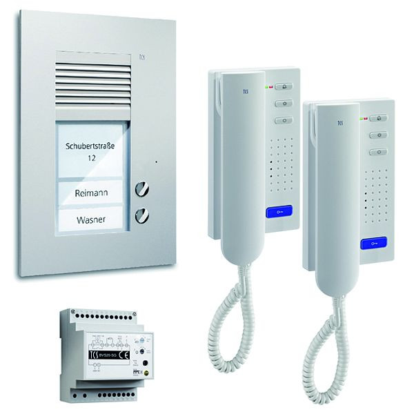 TCS Türkontrollsystem audio:pack UP für 2 Wohneinheiten, mit Außenstation PUK 2 Klingeltasten, 2x Türtelefon ISH3130, Steuergerät BVS20, PSU2120-0000